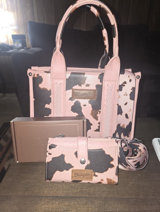Wrangler Handbags - Wrangler Pink and Black Animal-Print Satchel with Matching Wallet Set